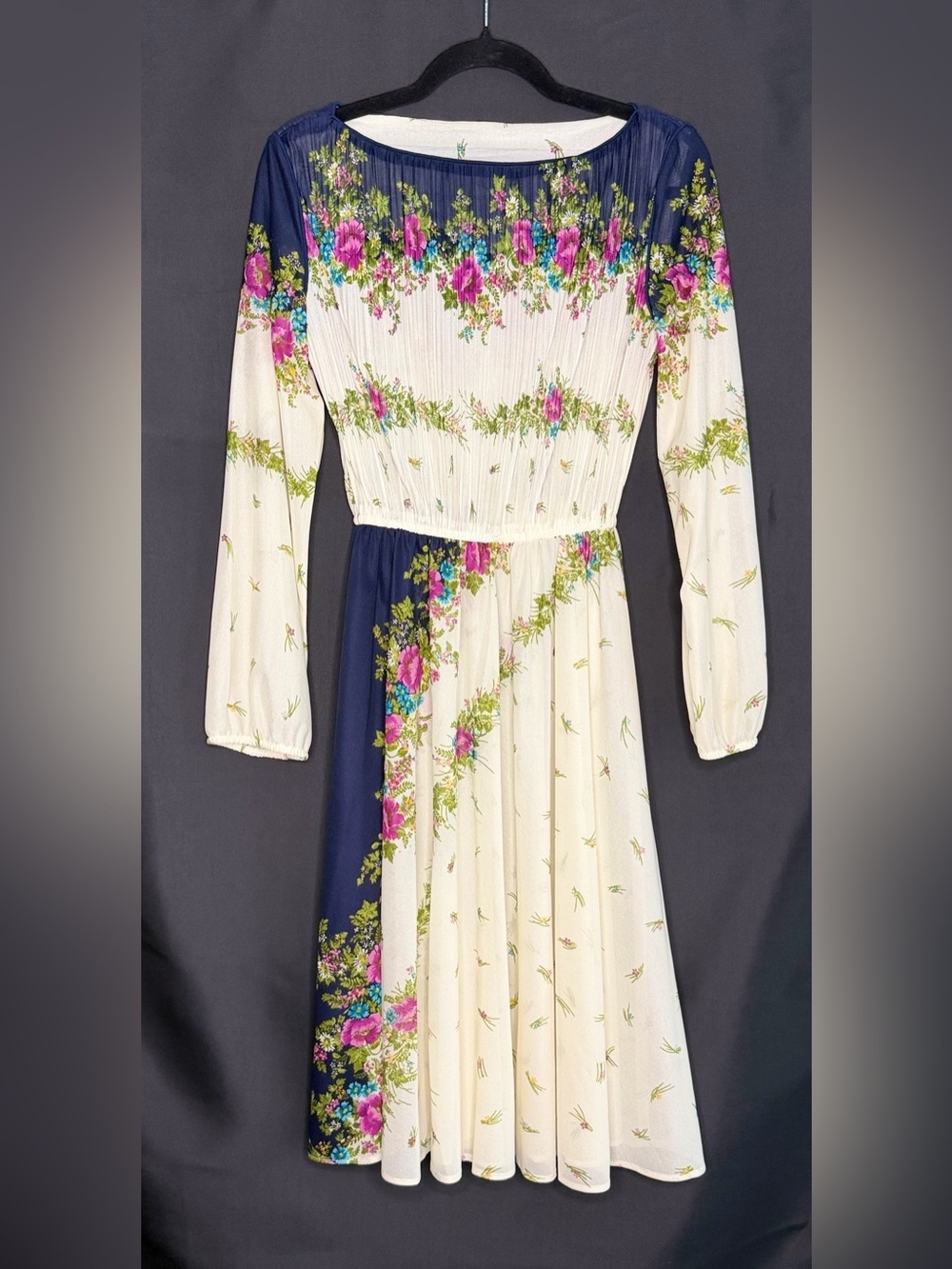 Vintage JCPenney Prairie Floral Midi Dress Cottagecore Boho Romantic Navy Ivory